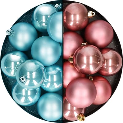 Decoris - kerstballen 24x st - mix oudroze/ijsblauw - 6 cm - kunststof - kerstversiering