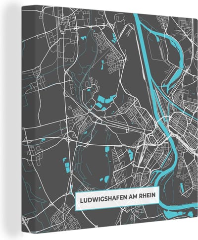 Canvas Schilderij Plattegrond – Ludwigshafen am Rhein – Blauw – Stadskaart – Kaart - Duitsland - 20x20 cm - Wanddecoratie