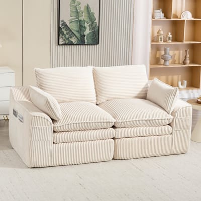 MODFU 2-Zitsbank - Zijvakken En Kussens - Woonkamer Of Kantoor - Ribfluweel - Beige - 191 x 94 x 85 cm