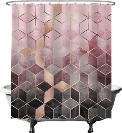 Ulticool Douchegordijn Anti Schimmel - Marmer Ombre Roze Geometrie - 180 x 200 cm - semi Transparant - met 12 Ringen Wit - Wasbaar - Marble Roze Goud Zwart