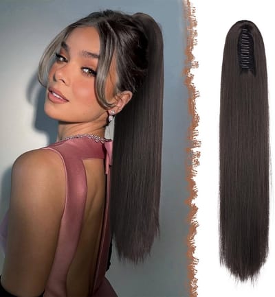 Lange Rechte Paardenstaart Clip-in Haarverlenging 63 cm Synthetisch Donkerbruin