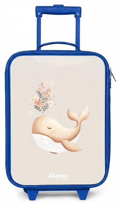 NoBoringSuitcases.com® - Kinderkoffer blauw - Kindertrolley jongen - Walvis in pastel beige kleuren - Koffer kind lichtgewicht - Reiskoffer trolley voor kinderen - Koffertje met lichtgevende wieltjes - Rolkoffer