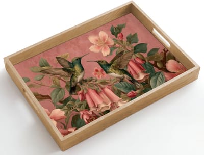 Dienblad hout 50x35 cm - Schootdienblad - Kolibries - Bloemen - Groen - Roze - Borrelplank rechthoek - Plateau dienbladen
