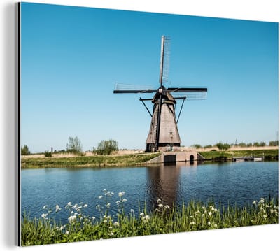 Aluminium schilderij 180x120 cm - Wanddecoratie metaal - Molen - Bloemen - Water - Nederland - Metalen muurdecoratie woonkamer - Decoratie industrieel - Foto op dibond - Industriële accessoires slaapkamer