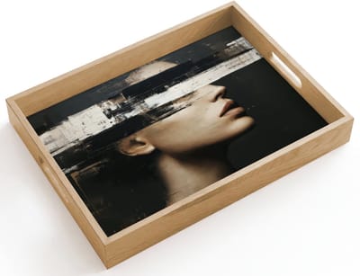 Dienblad hout 40x30 cm - Schootdienblad - Gezicht - Vrouw - Zwart - Abstract - Borrelplank rechthoek - Plateau dienbladen