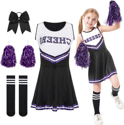 Carnavalsjurk voor Meisjes, Cheerleader Kostuum met Pompons en Strik Haarspelden, Feestoutfit voor Kinderen