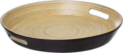 5Five Dienblad - rond - D42 cm - bamboe hout - zwart - met handvaten - serveerblad