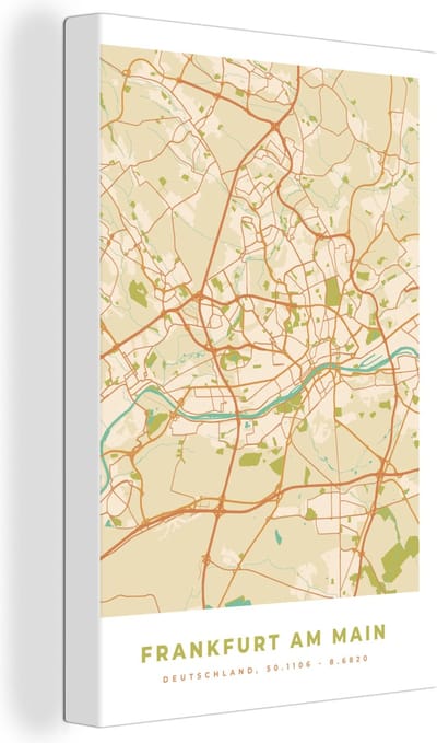 Canvas Schilderij Stadskaart - Frankfurt am Main - Kaart - Plattegrond - Vintage - 20x30 cm - Wanddecoratie