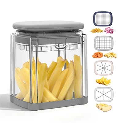 QTTVBTNA - Drukknop Groente & Fruit Snijder - 4 Vervangbare Snijbladen - Snijden, Dicing en Frites Maken - Voor Thuis & Koken - 9x12x15cm - 1 Set