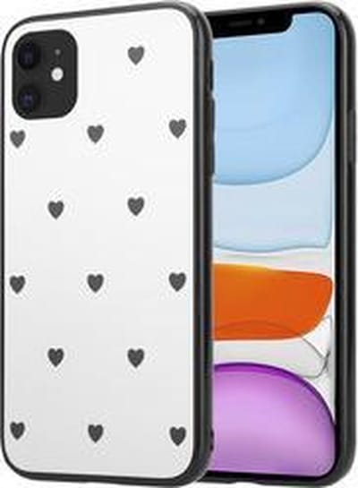 ShieldCase Siliconen case geschikt voor Apple iPhone 11 Pro Max hoesje - Wit hoesje met zwarte hartjes - hartjespatroon - Leuk design - Sterk materiaal - Wit / Zwart