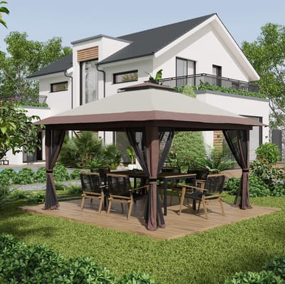 MIVRAY Paviljoen – 4 x 4 m – Hoogte Instelbaar – Oxford Polyester – Beige – Voor Tuinfeesten – Dubbel Dak Met Netgordijnen
