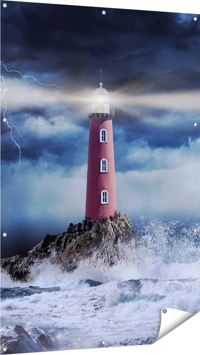 Gards Tuinposter Vuurtoren op een Storm Zee met Golfen Water - 100x150 cm - Tuindoek - Tuindecoratie - Wanddecoratie buiten - Tuinschilderij