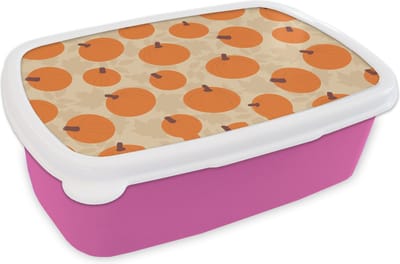 Broodtrommel Roze - Lunchbox - Brooddoos - Herfst - Pompoen - Bladeren - Design - 18x12x6 cm - Kinderen - Meisje