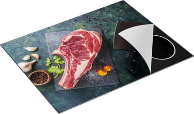 Chefcare Inductie Beschermer Vlees met een Mes op een Marmeren Plaat - 77x59 cm - Afdekplaat Inductie - Kookplaat Beschermer - Inductie Mat