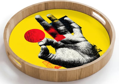 Dienblad rond 40x40 cm - Schootdienblad hout - Hand - Rode cirkel - Geel - Borrelplank rechthoek - Plateau houten dienbladen