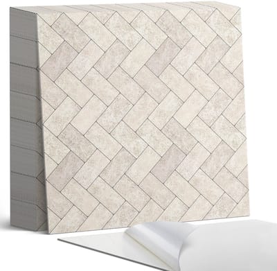 Coloray Plaktegels - Visgraatpatroon Zelfklevende Tegels - 20 cm x 20 cm - Romig Plaktegels - 20 stuks - Vierkant PVC Tegels - Plaktegels Badkamer - Plaktegels Vloer - Vinyltegels Vloer Zelfklevend - Wandtegel Zelfklevend