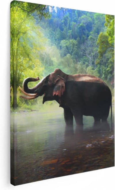 Artaza Canvas Schilderij Olifant In Rivier - 30x40 cm - Klein - Wanddecoratie Dieren - Muurdecoratie Jungle - Kamer Accessoires