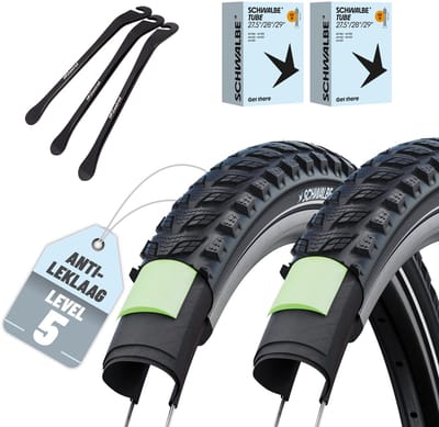 Set van 2 Schwalbe fietsbanden Marathon 365 28 x 2,15 inch (ETRTO 55-622), DV Hollands ventiel binnenbanden + 3x MSZweirad metalen bandenlichter