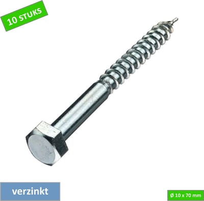 TQ4U Houtdraadbout - Ø 10 x 70 mm - Verzinkt - 10 stuks