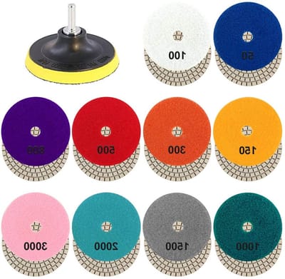 Set van 10 Diamant Polijstpads van 4 Inch met Haak en Lussysteem - 50 tot 3000 Grit voor Graniet, Steen, Beton en Marmer Polijsten