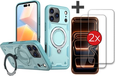 Hoesje Geschikt voor iPhone 17 Pro Max met 2 Stuks gehard glas Screenprotector - Armor hoes met Ringhouder - Arara backcover - Lake Blauw