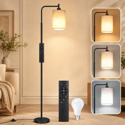 MUPOO Moderne Vloerlamp Zwart met Linnen Lampenkap - Staande Lamp met Magnetische Afstandsbediening - Hoeklamp Dimbaar met 4 Kleurtemperaturen - E27 LED Lamp Inbegrepen - Voetschakelaar en Timer - Staande Leeslamp voor Slaapkamer Kantoor