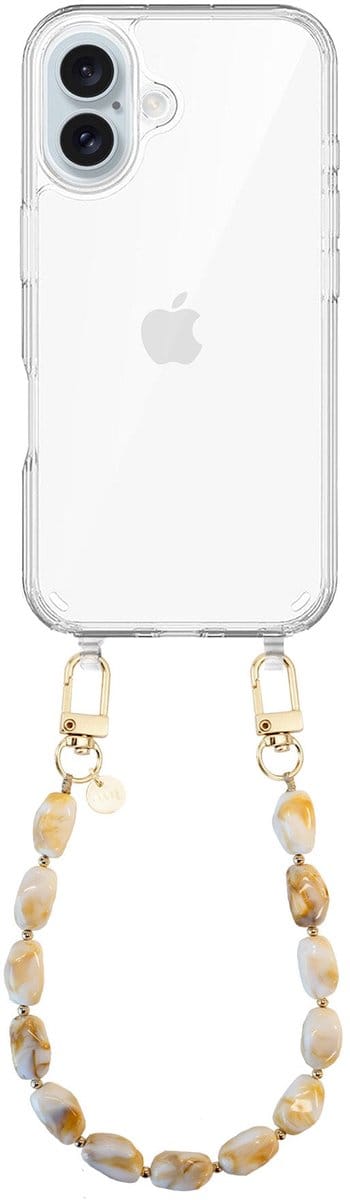 xoxo Wildhearts telefoonhoesje geschikt voor iPhone 16 - Moonlight (kort koord) - siliconen hoesje met koord - Backcover met telefoonkoord - Telefoonhanger stenen ketting - Beige / Wit