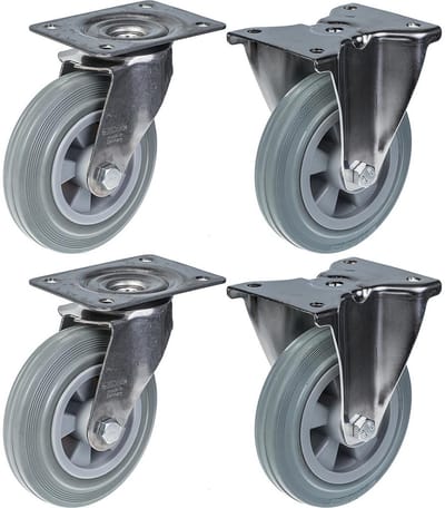 160 mm (6") roestvrijstalen zwenkwielen met grijze rubberen wielen, zwenkbaar en vast, 540 kg, set van 4