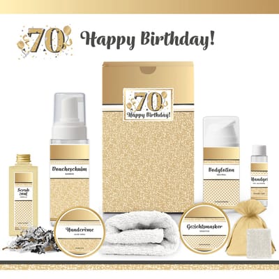 Geschenkset “70 Jaar Happy Birthday!” - 8 producten - 680 gram | Cadeau vrouw - Giftset voor haar - Luxe wellness cadeaubox - Gefeliciteerd - Set Verjaardag - Geschenk jarige - Cadeaupakket moeder - Vriendin - Zus - Oma - Verjaardagscadeau - Goud