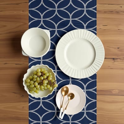 ABAKUHAUS marineblauwe tafelloper, nautisch geneste touwen, eetkamerkeuken rechthoekige decoratieve tafelloper, 40 x 180 cm, indigowit