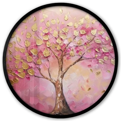 Poster in lijst Rond - Fotolijst 40x40 cm - Posters - Boom - Roze - Goud - Modern - Ronde posterlijst zwart - Decoratie - Wanddecoratie woonkamer - Muurdecoratie slaapkamer