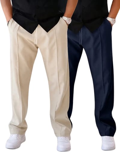 Livano Pantalon Heren - Chino - Golfbroek - Nette Broek - Elastische Tailleband - Volwassenen - 2 Stuks - Marineblauw/Khaki - S