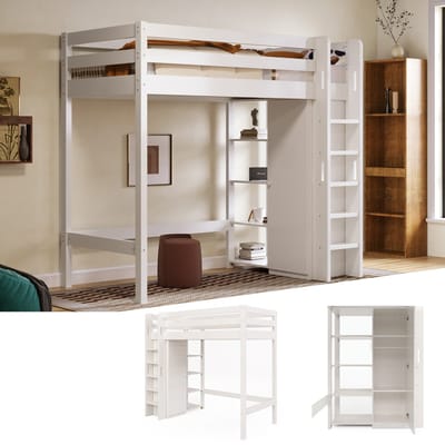 Kinderbed Hoogbed 90x200 cm, Eenpersoons Bedframe met Kledingkast en 6 Planken, Wit, Hoogwaardig Materiaal, Eenvoudig te Monteren, Stevig en Duurzaam (Zonder Matras)