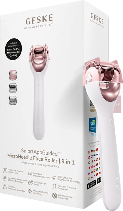 GESKE | SmartAppGuided™ MicroNeedle Face Roller | 9 in 1 | met rozenkwarts | Microneedling | Professioneel Microneedling-apparaat | Naaldroller | Schoonheidsrollergezicht | Micronaaldroller