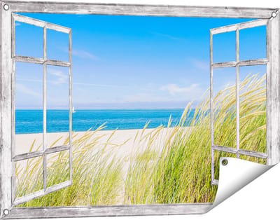 Gards Tuinposter Doorkijk Strand en Zee met een Zeilboot - 90x60 cm - Tuindoek - Tuindecoratie - Wanddecoratie buiten - Tuinschilderij