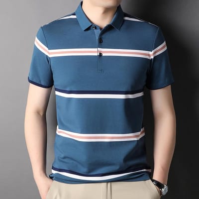 Nouveaux polos d'été à manches courtes et revers pour hommes, hauts pour hommes, t-shirts en coton rayé teint en fil XXXXL gray
