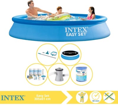 Intex Rond Opblaasbaar Easy Set Zwembad - 305 x 61 cm - Blauw - Inclusief Solarzeil - Onderhoudspakket - Zwembadfilterpomp - Filter - Schoonmaakset - 6-delig