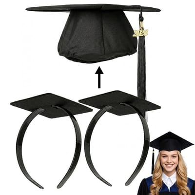 Daity Set van 4 afstudeerpetten en -haarbanden - die stevig vastzitten en niet afglijden dankzij de zelfklevende achterkant. Essentiële accessoires voor afgestudeerden - studenten en vrouwelijke studenten. Petten niet inbegrepen (zwart).