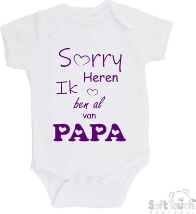 100% katoenen Romper "Sorry heren Ik ben al van PAPA" Meisjes Katoen Wit/paars Maat 62/68