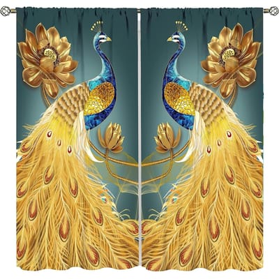 2 stuks Gouden Pauw Bedrukt Polyestervezel Gordijnen in Chinese Stijl, Geschikt Voor Slaapkamer Kantoor Keuken Woonkamer Studeerkamer Hoom 1x50W60H(CM)&Grommet Top