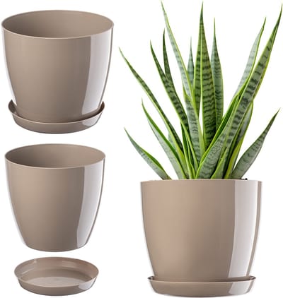 Ronde Plantenpot met Onderschotel - 16 cm, Lichtgewicht Bloempot voor Binnenshuis - Elegante Sierpot in Beige