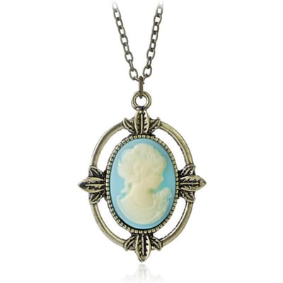 Nieuwe Vintage Stijl Brons Lichtblauw Cameo Ketting The Vampire Diaries Katherine Schoonheid Hoofd Hanger Ketting voor Vrouwen 50cm beige