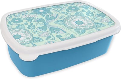 Broodtrommel Blauw - Lunchbox - Brooddoos - Bloemen - Blauw - Wit - Patroon - 18x12x6 cm - Kinderen - Jongen