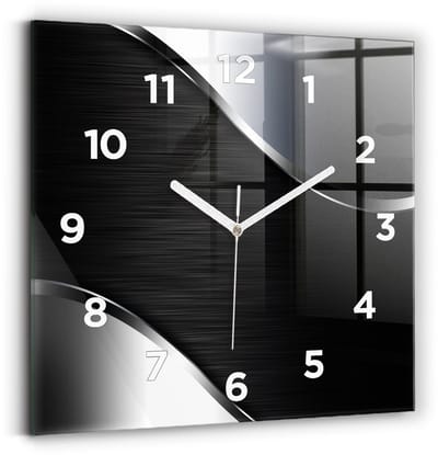 Wallfluent Wandklok - Zwarte en zilveren lijnen Klok met Afbeelding - 30 cm x 30 cm - Zwart Wandklok - Witte Handen - Wandklok Met Cijfers - Wandklok Glas Woonkamer - Vierkante Glas Klok - Minimalistisch Wandklok - Klok met Afbeelding