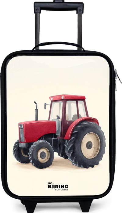 NoBoringSuitcases.com® - Kinderkoffer jongen - Kindertrolley meisje - Tractor - Getekend - Rood - Koffer kind lichtgewicht - Reiskoffer trolley voor kinderen - Koffertje met lichtgevende wieltjes - Rolkoffer zwart