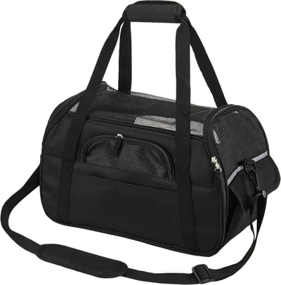 Opvouwbare waterdichte transportbox voor honden en katten - Schouderriem - Geschikt voor reizen in vliegtuig, auto of trein - Zacht gevoerd - Huisdieren (zwart - L 47 x 23 x 28 cm)