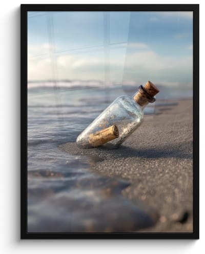 Poster in lijst - Fotolijst 60x80 cm - Posters - Glazenfles - Post - Zee - Zand - Posterlijst zwart - Decoratie - Wanddecoratie woonkamer - Muurdecoratie slaapkamer