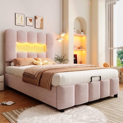 Gestoffeerd bed - 90 x 200 cm - zonder matras - ledverlichting - met hydraulisch systeem - verstelbaar hoofdeinde - fluweel - roze