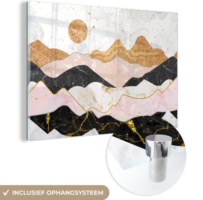 MuchoWow® Glasschilderij 60x40 cm - Schilderij acrylglas - Marmer - Goud - Pastel - Foto op glas - Schilderijen