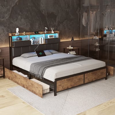 Tweepersoonsbed 140×200 cm – Metalen Opslagbed met LED & USB, Hoofdbord met Opbergruimte, 4 Lades